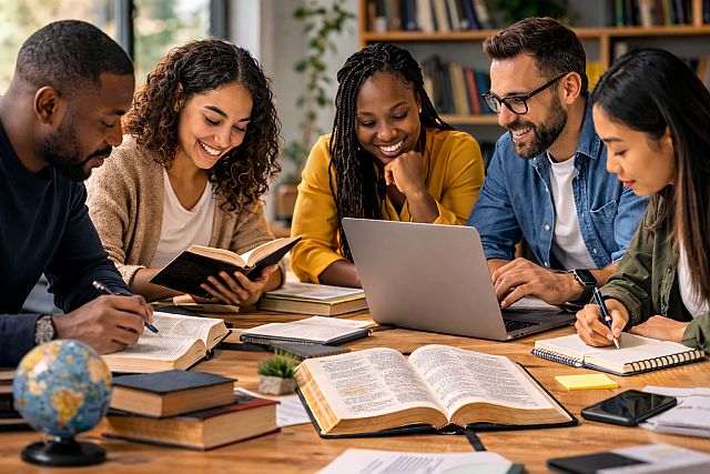 Study session with a group of friends - open Bible on table