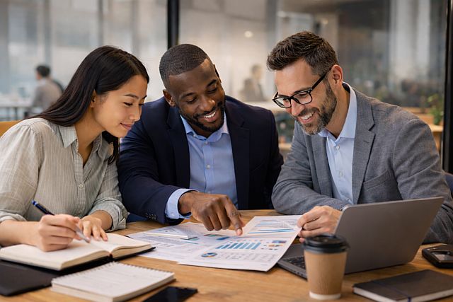 Three students collaborating on an assignment