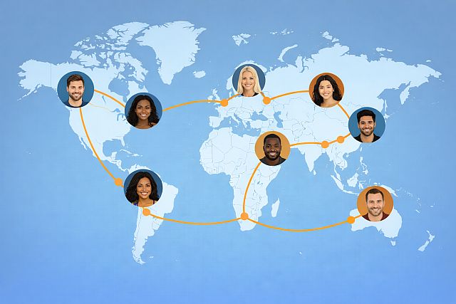 Headshots of students at various locations on a world map