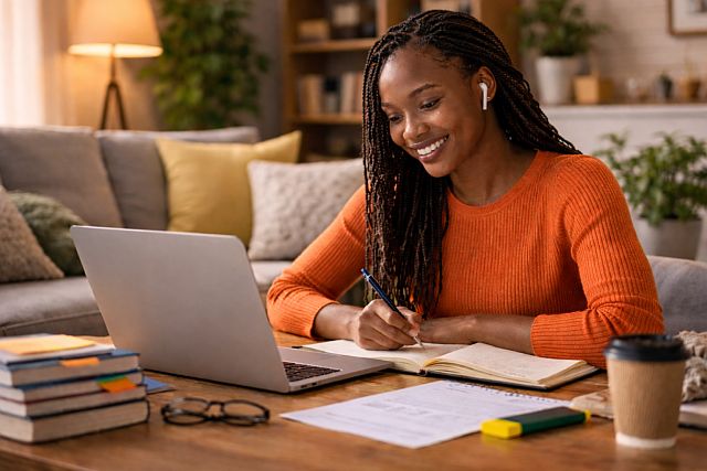 Female student working on her laptop on the coffee table in her living room