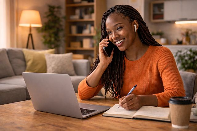 Female student in her living room at home getting support by phone
